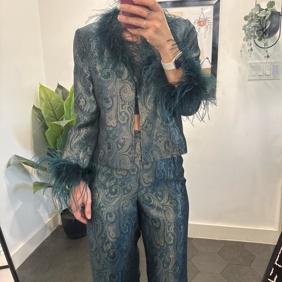 Toypes Pants - Elegant Teal Paisley Women's Suit